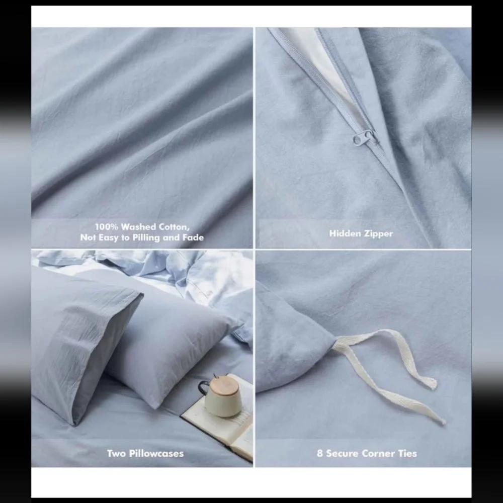 FOSSA Duvet Cover Set 100% Washed Cotton Linen Feel Super Soft Breathable Cozy 3